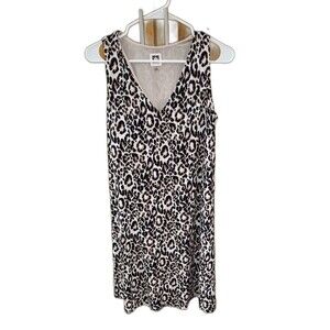 ANNE KLEIN A Line Dress Black Beige Animal Print 4 V Neck Lined Pullover Stretch